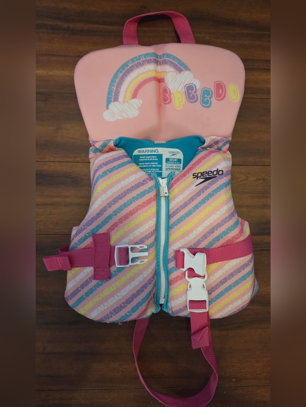 GUC Infant Speedo Pink Pastel Rainbow PFD Life Vest Under 30lbs Leg Strap Zipper
